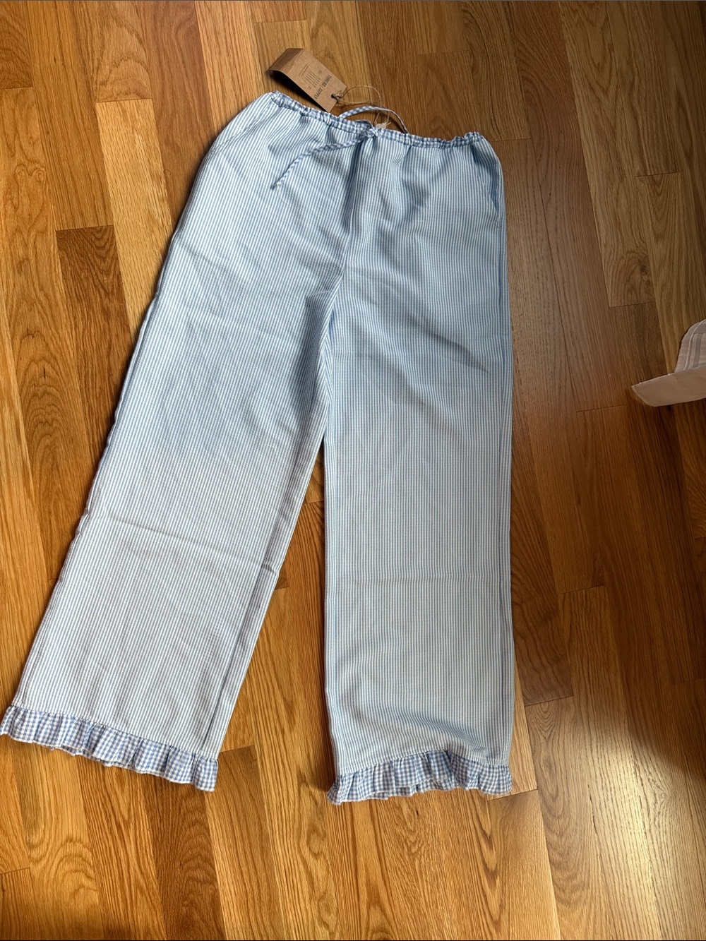 Thread & Supply Light Blue Pinstripe Ruffle Hem Joggers